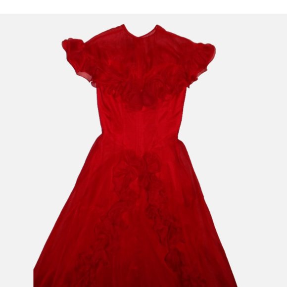Vintage Red Maxi Dress Southern Bell Sheer Illusion Swiss Sheer Ruffles Size 8 - Picture 7 of 15